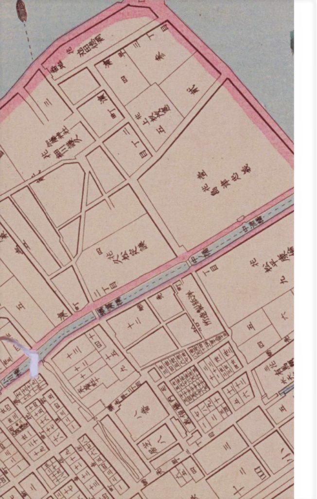 久松伯爵家浜町邸（『明治東京全図』明治9年　国立公文書館デジタルアーカイブ）の地図画像。